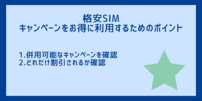 格安SIMのキャンペーンをお得に利用するためのポイント
1.併用可能なキャンペーンを確認
2.どれだけ割引されるか確認