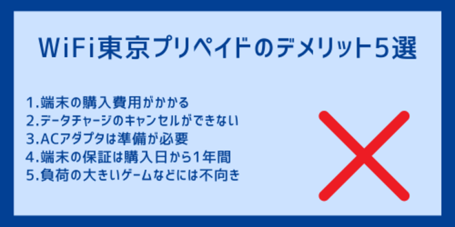 WiFi東京プリペイドのデメリット5選
1.端末の購入費用がかかる
2.データチャージのキャンセルができない
3.ACアダプタは準備が必要
4.端末の保証は購入日から1年間
5.負荷の大きいゲームなどには不向き